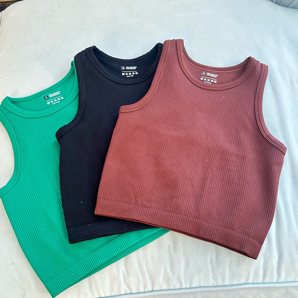 Women’s Ribbed Tank Top - Green, Black & Brown, stretchy fabric. Size small.